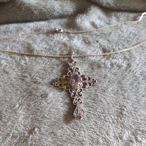 Vtg Sterling Silver Amethyst And Ruby Pendant Necklace
